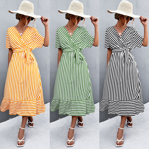 Damen Wickel-Kleid mit Streifenmuster und praktischen Bindegürtel R&B