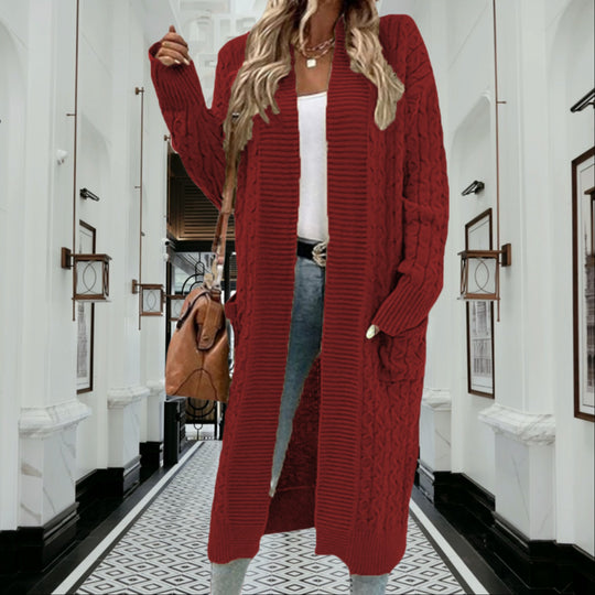 Damen Strickmantel mit modischen Zopfmuster und tiefen Taschen R&B