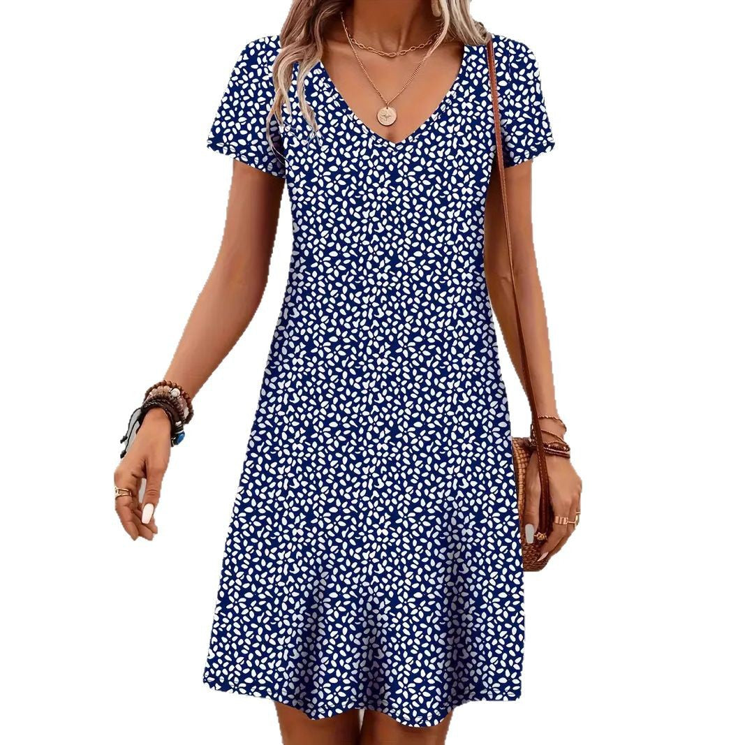 Damen V-Ausschnitt Freizeitkleid mit Blättermuster R&B
