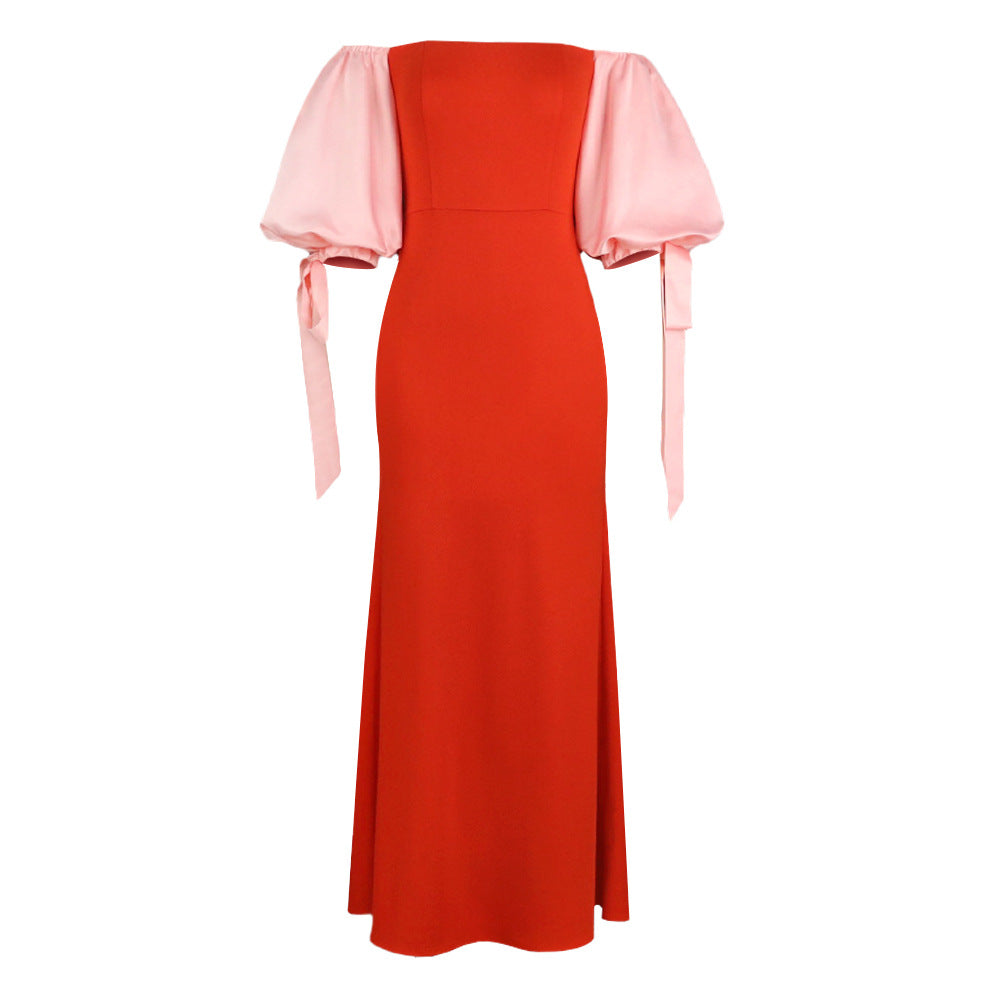Damen Maxikleid mit schulterfreiem Design und voluminösen Satinärmel R&B