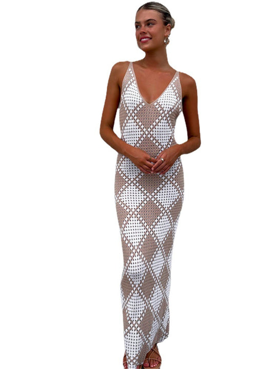Damen-Maxikleid mit feinem Mesh-Strick und diamantförmigem Muster R&B