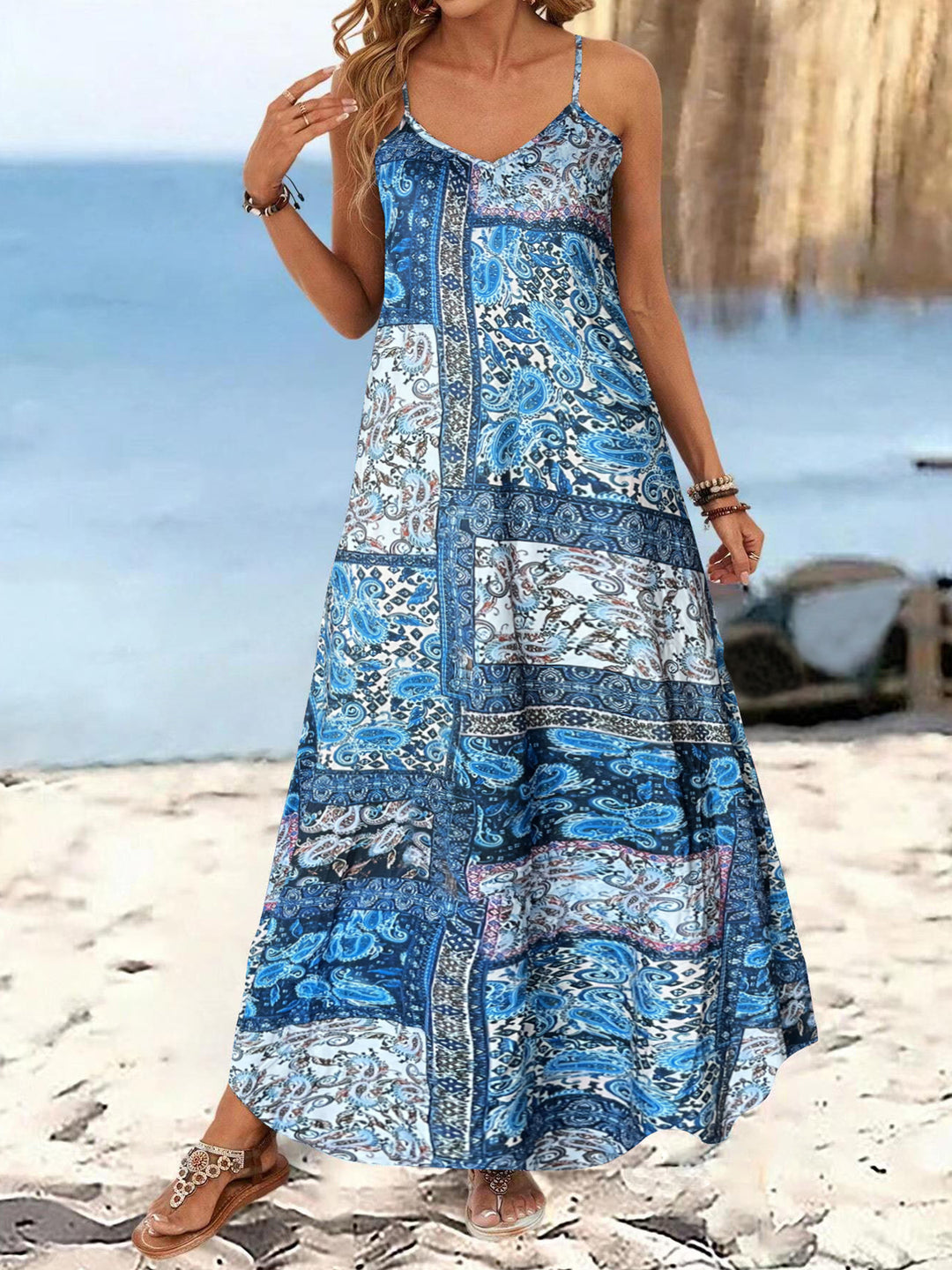 Damen Langärmliges Sommermaxikleid mit floralem Design und Spaghetti-Trägern R&B