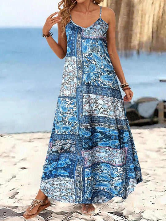Damen Langärmliges Sommermaxikleid mit floralem Design und Spaghetti-Trägern R&B