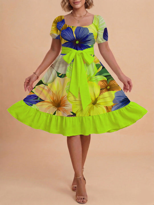 Damen Sommerkleid mit floralem Puffärmel und taillierbarem Gürtel R&B