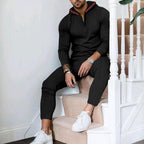 Herren nan Slim-Fit Waffel-Strick Kapuzen-Set mit Halbzip, kontrastgefütterter Kapuze und tapered Jogginghose R&B