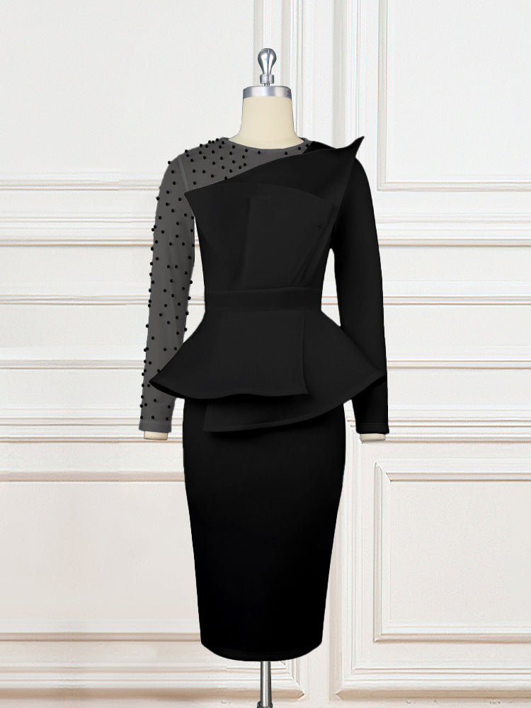 Damen Etuikleid mit transparenten Puffärmeln und dekorativem Peplum R&B