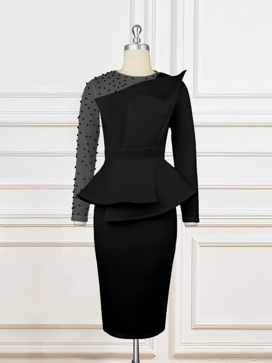 Damen Etuikleid mit transparenten Puffärmeln und dekorativem Peplum R&B