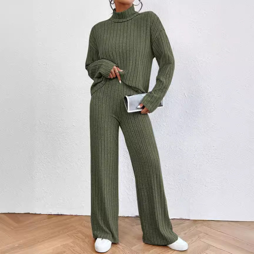 Damen Grobstrick Zweiteiler mit hohem Kragen und weitem Schnitt R&B