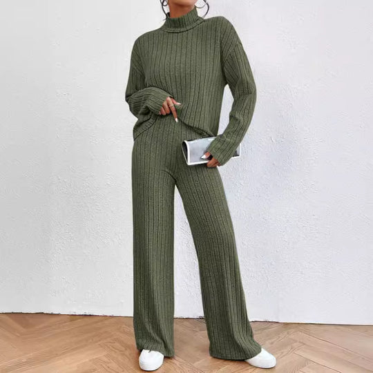 Damen Grobstrick Zweiteiler mit hohem Kragen und weitem Schnitt R&B