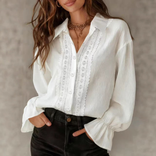 Damen elegante Bluse mit Spitzendetails und Ballonärmeln R&B