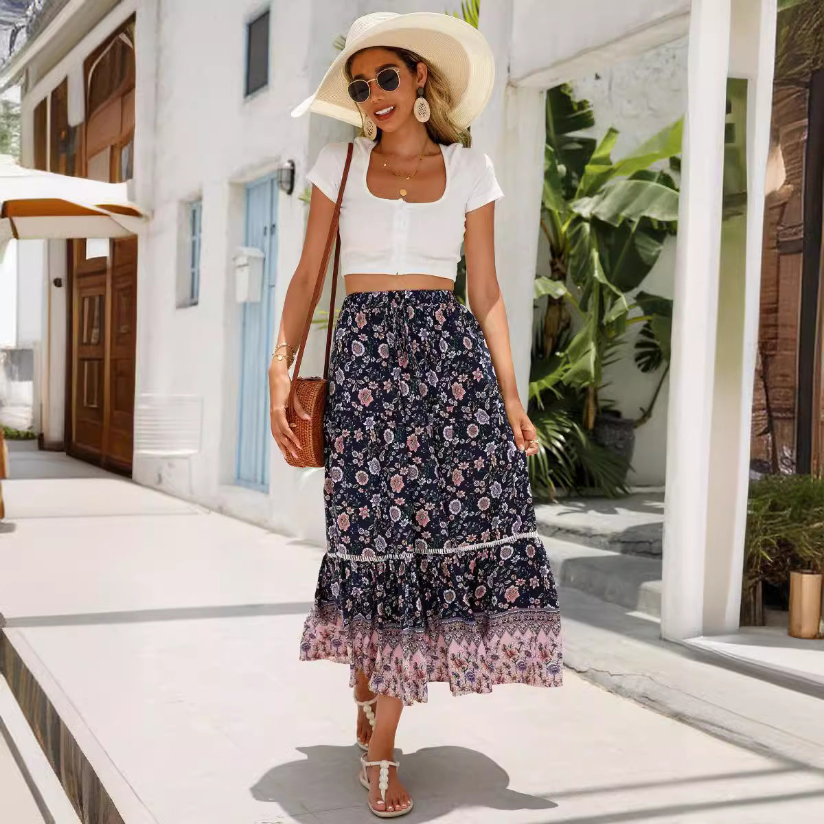 Damen Sommer-Rock mit floralen Mustern und voluminösem Saum R&B