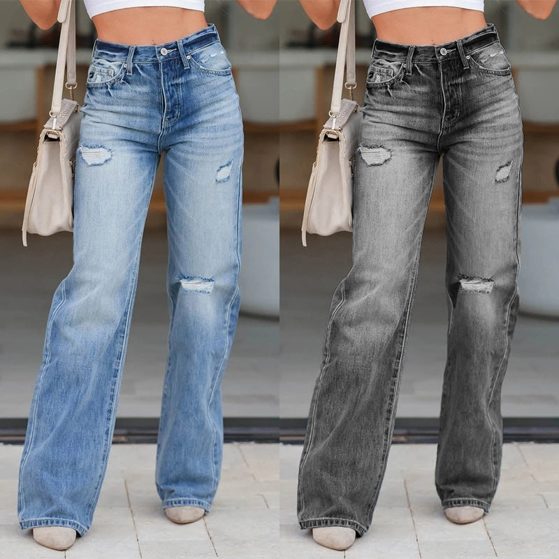 Damen Weit geschnittene High-Waist Jeans mit modischen Destroyed-Details R&B