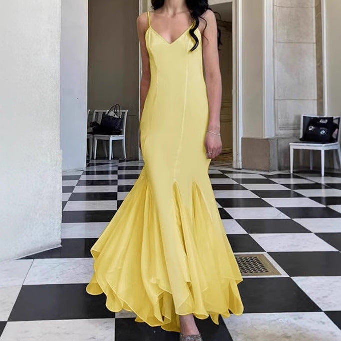 Damen Elegantes Maxikleid mit tiefem V-Ausschnitt und Schlitz R&B