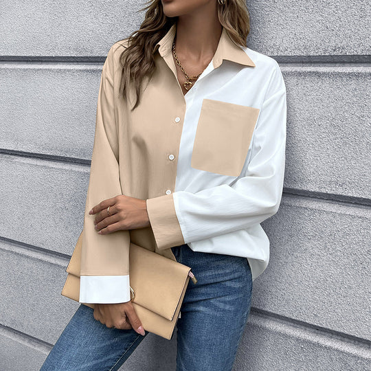Damen Elegante Oversized Bluse mit Kontrastpaten R&B