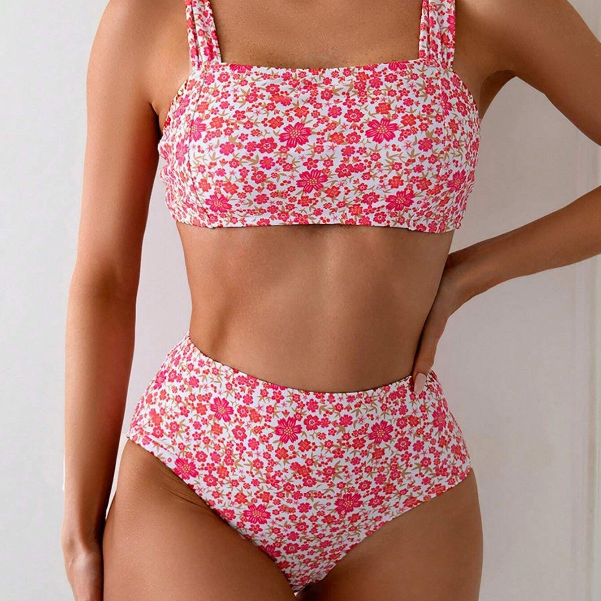 R&B | Damen Hoch Tailliertes Bikini-Set mit Floralen Mustern und Breiten Trägern