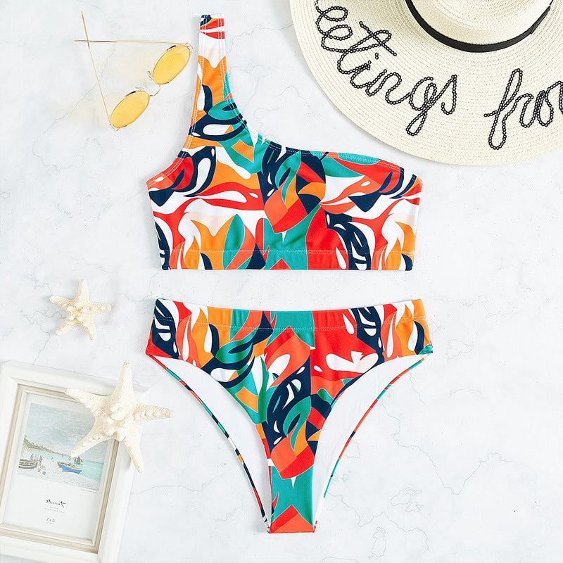 Damen Einseitiger Bikini mit geometrischem Muster und hoch geschnittenem Slip R&B