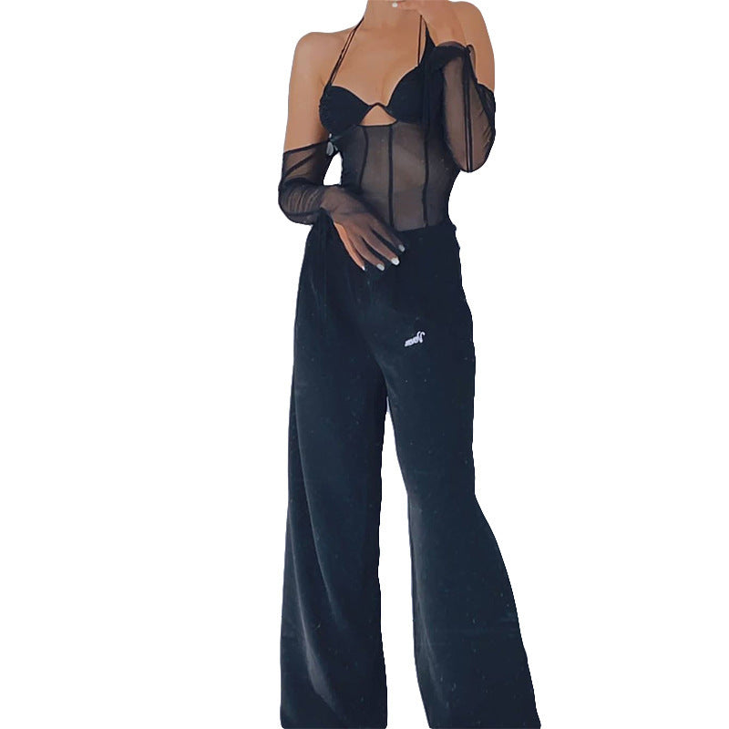 Damen transparentes Oberteil mit langen Ärmeln und Kreuzträgern R&B