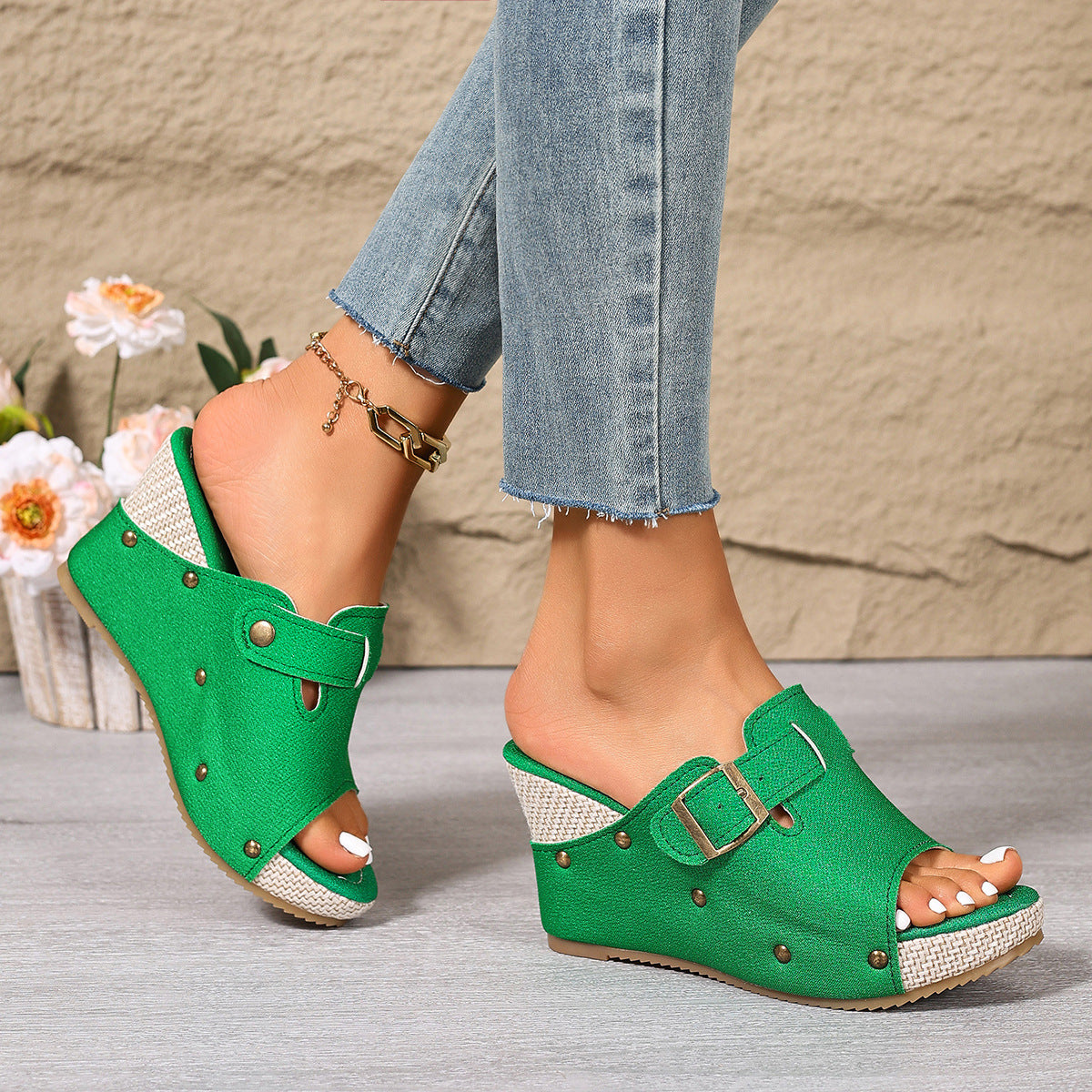 Damen Wedge-Pantoletten mit modischem Schnallen-Design und hochwertigem Obermaterial R&B