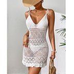 Damen Häkel-Strandkleid mit verstellbaren Trägern und Rüschensaum R&B