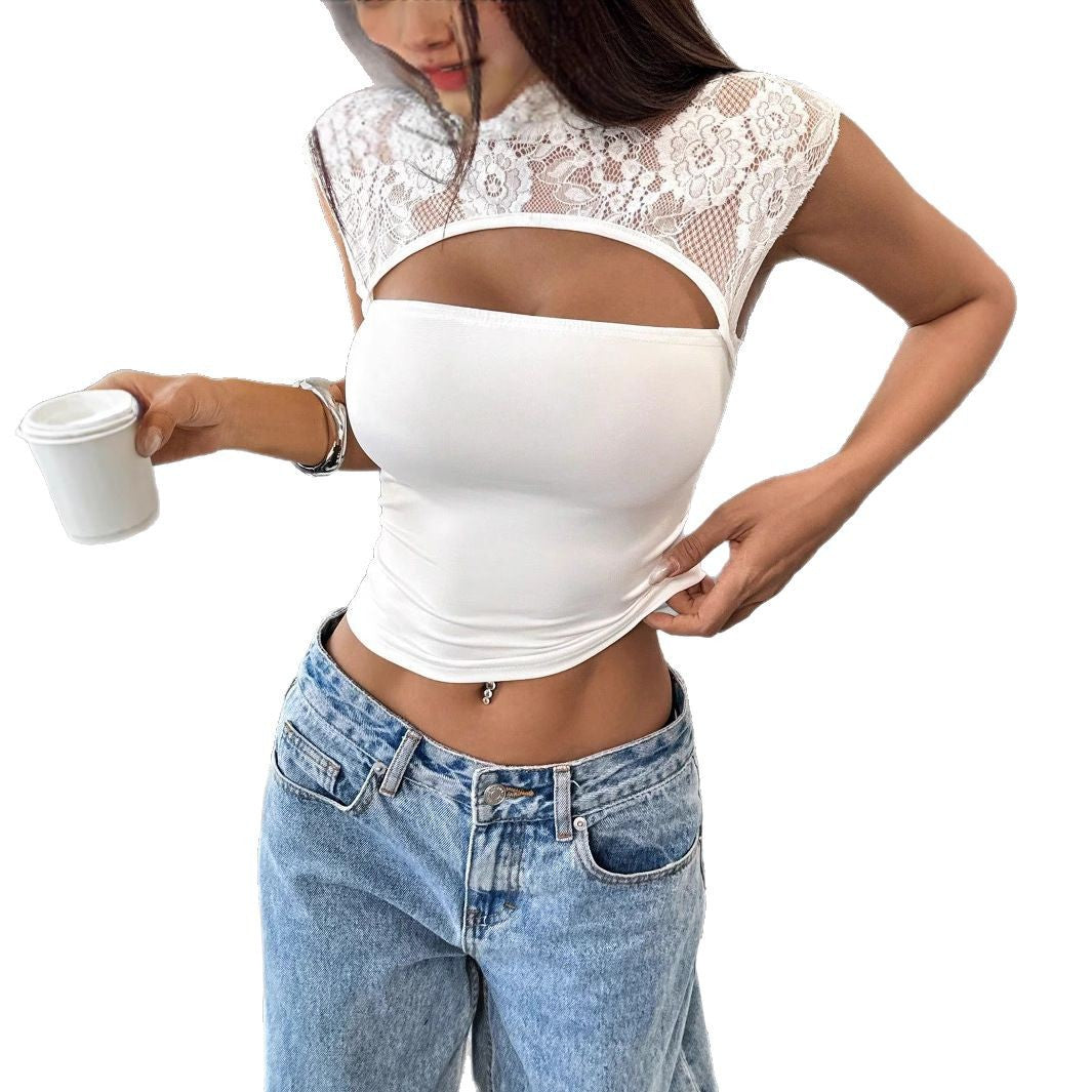 Damen nan figurbetontes bauchfreies Top mit floraler Spitzen-Schulterpartie, Stehkragen und Brustöffnung R&B