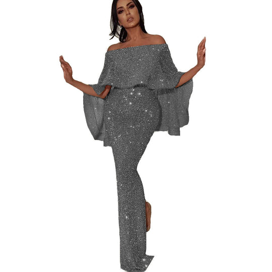 Damen Elegante bodenlange Overall mit schulterfreiem Design und schimmerndem Stoff R&B