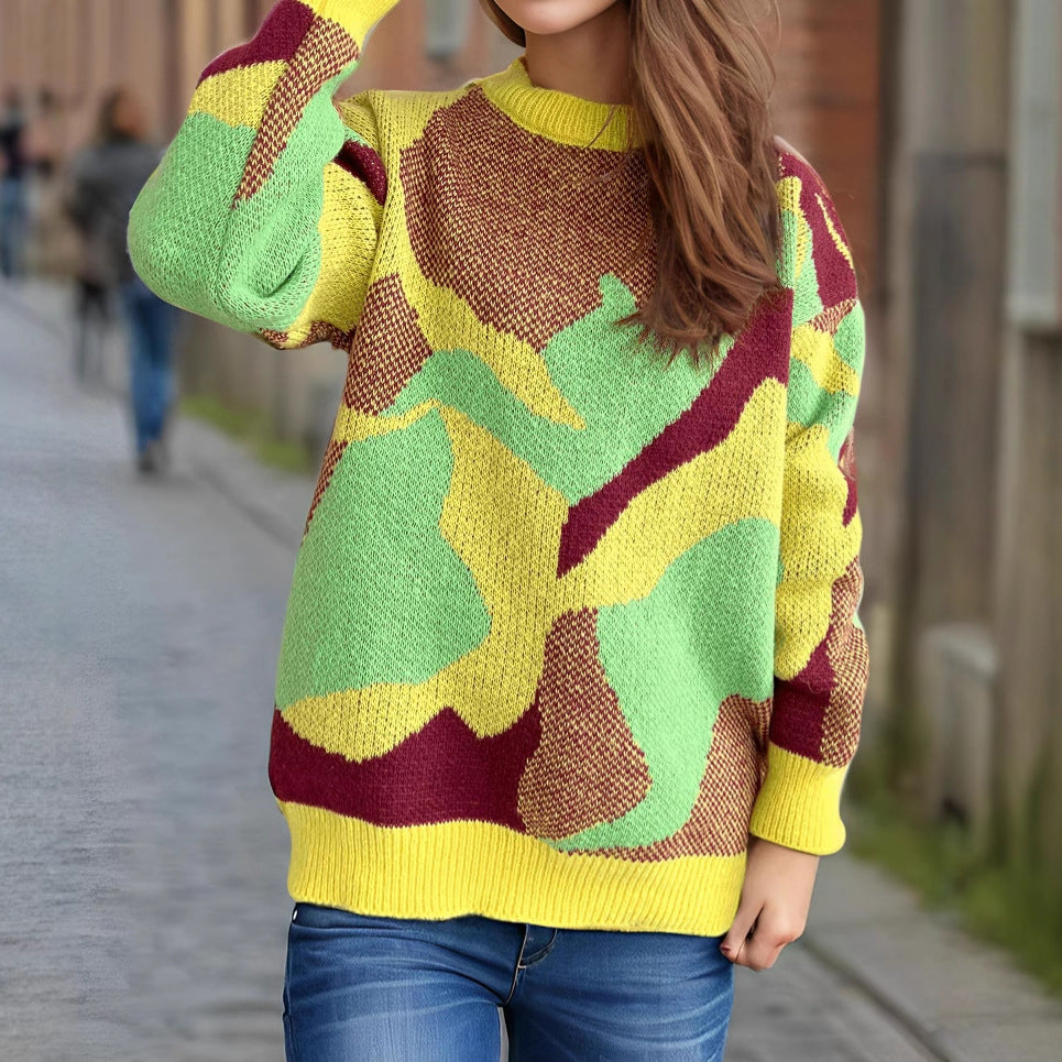 Damen gemütlicher Strickpullover mit modernem Farbblockdesign R&B