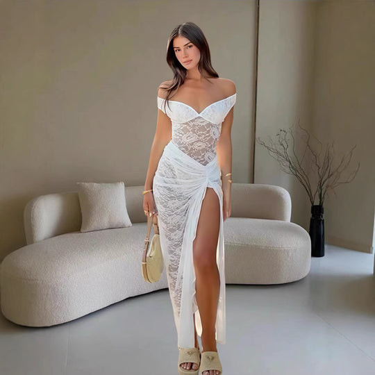 Damen Elegantes Spitzenkleid im Bodycon-Stil mit Off-Shoulder Ausschnitt R&B