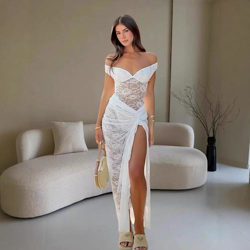 Damen Elegantes Spitzenkleid im Bodycon-Stil mit Off-Shoulder Ausschnitt R&B