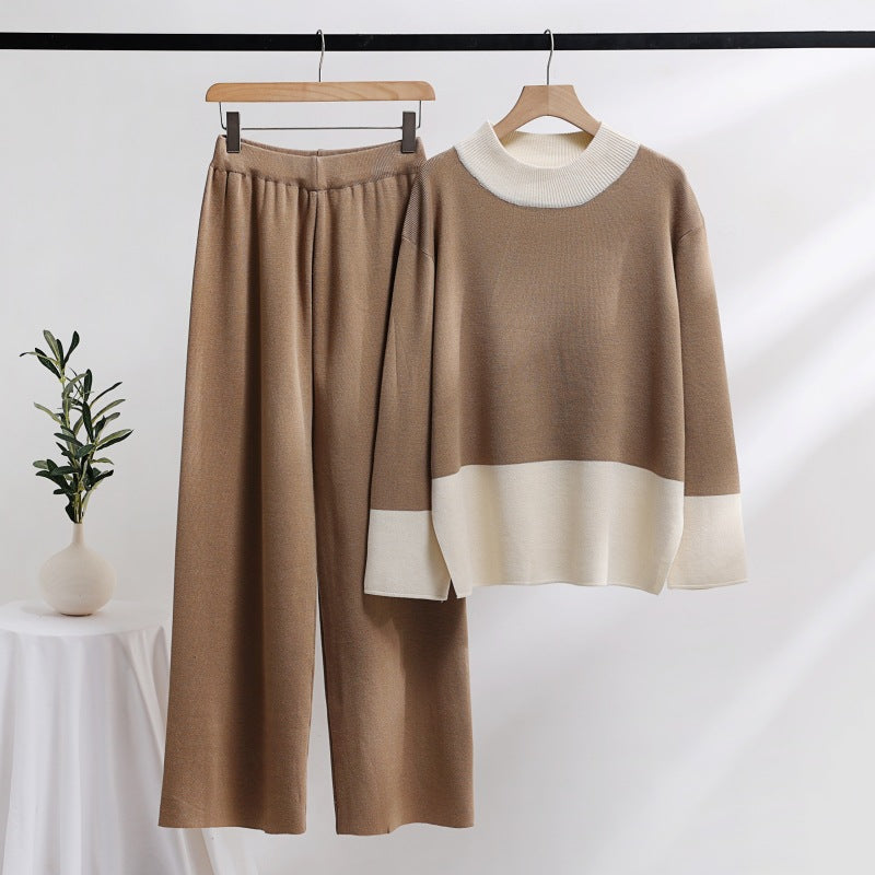 Damen elegantes Strick-Loungewear-Set mit weitem Bund und dekorativem Kragen R&B