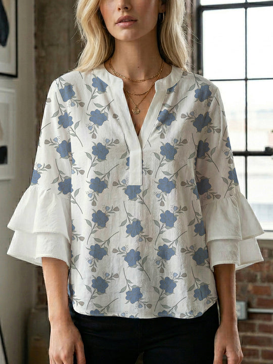 Damen Bluse mit voluminösen Ärmeln und floralem Design R&B