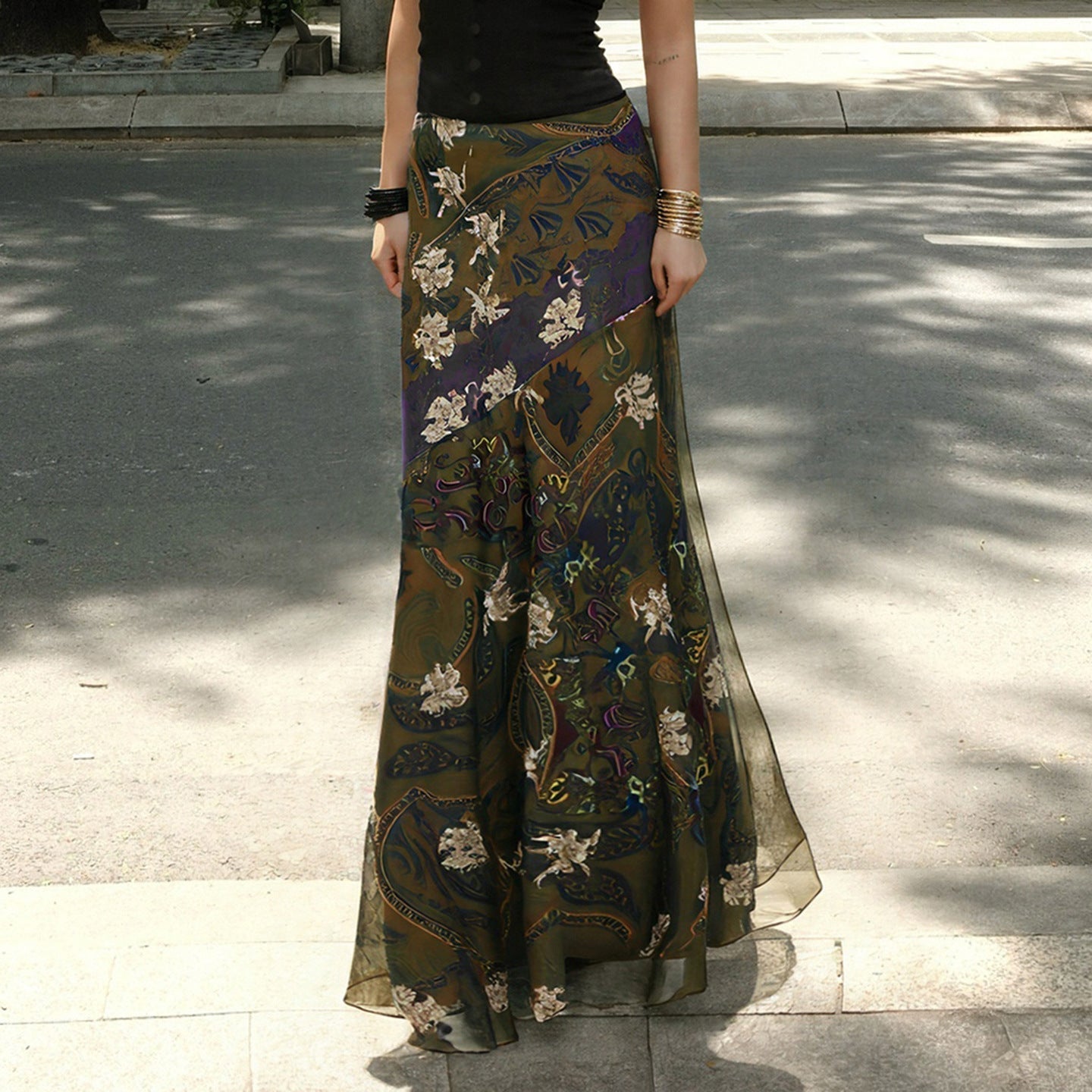 Damen Langer, eleganter Rock im Vintage-Stil mit floralem Muster und fließendem Schnitt R&B