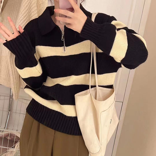 Damen Grob gestrickter Pullover mit modernem Streifenmuster und V-Ausschnitt R&B