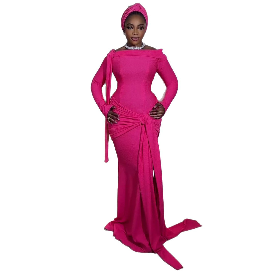 Damen Elegantes Langarmkleid mit asymmetrischem Drapé und Schleifenakzent R&B