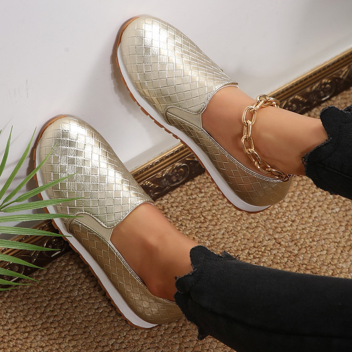 Damen Slip-On Sneakers mit glitzerndem Geflechtdesign und elastischem Komfort R&B