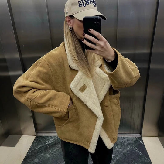 Damen kuschelige Wildlederjacke mit weichem Futter und breitem Kragen R&B