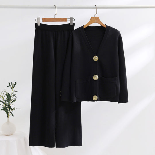 Damen elegantes Strick-Loungewear-Set mit weiten Bein und schönen Knöpfen R&B