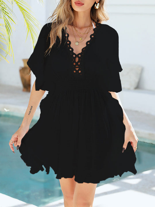 Damen Strandleinenkleid mit dekorativem Häkelkragen und elastischem Bund R&B