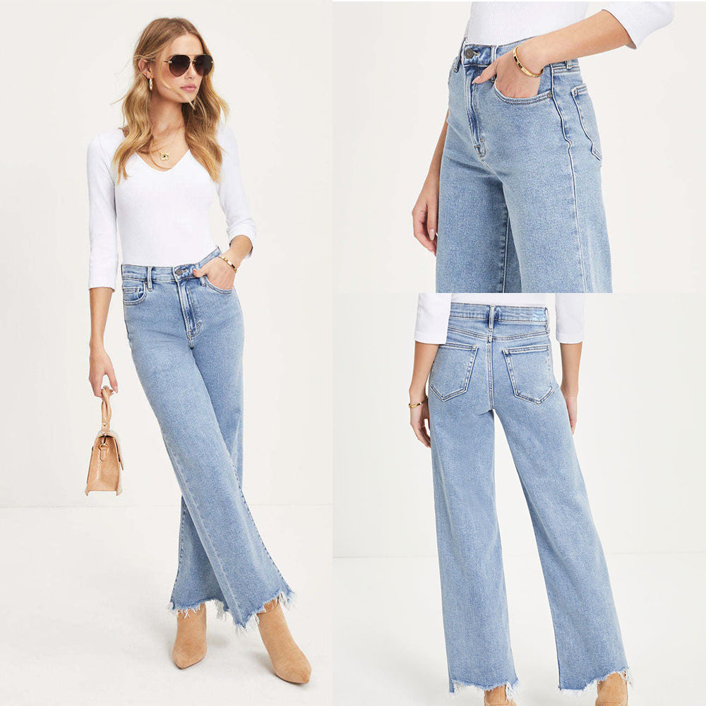 Damen Weit geschnittene Jeans mit fransigem Saum und hohem Bund R&B