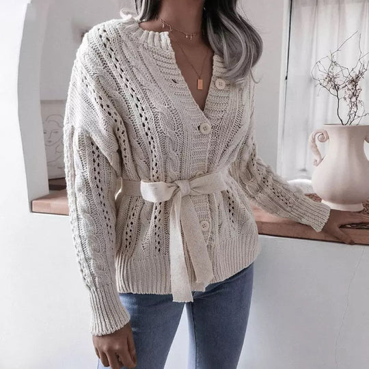 Damen Strickjacke mit Taillengürtel und raffinierten Lochmustern R&B
