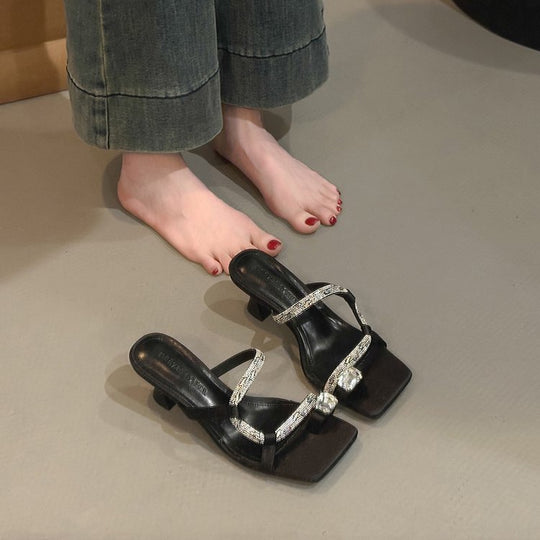 Damen elegante Riemchen-Sandalen mit funkelndem Akzent und komfortablem Absatz R&B