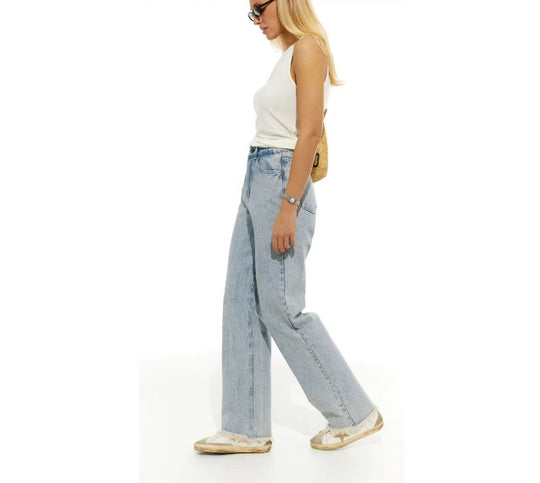 Damen Hochgeschnittene weite Jeanshose im Vintage-Style mit authentischem Used-Look R&B
