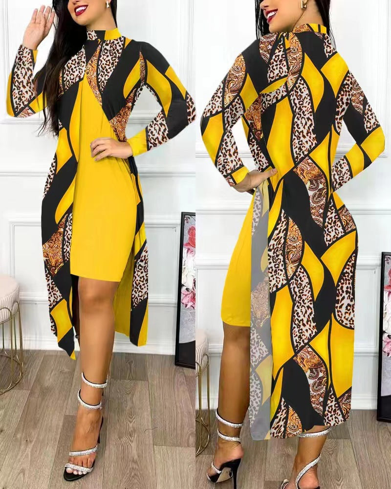 Damen elegantes Maxikleid mit asymmetrischem Schnitt und Grafischem Muster R&B