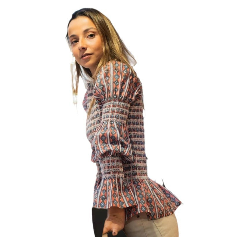 Damen Kleidung mit elastischen Rüschen und floralem Design R&B