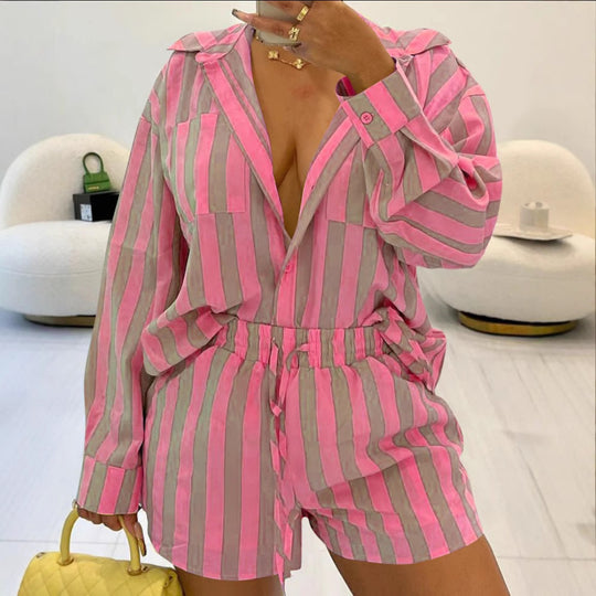 Damen Schlafanzug Set mit gestreiftem Design R&B