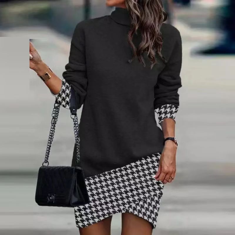 Damen modisches Sweatkleid mit hohem Kragen und grafischem Design R&B