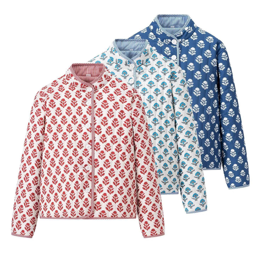 Damen gesteppte Blousonjacke mit floralem Muster und praktischen Knöpfen R&B