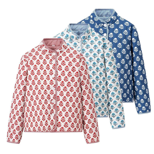 Damen gesteppte Blousonjacke mit floralem Muster und praktischen Knöpfen R&B