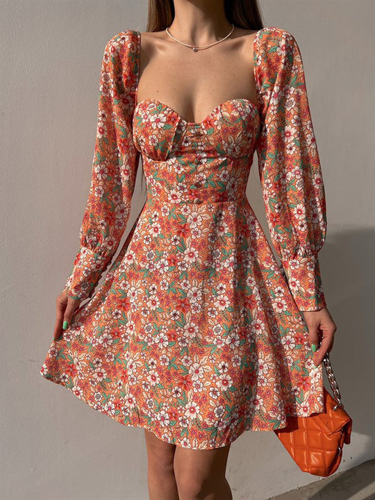 Damen Puffärmel Kleid mit romantischem Blumenmuster und herzförmigem Ausschnitt R&B