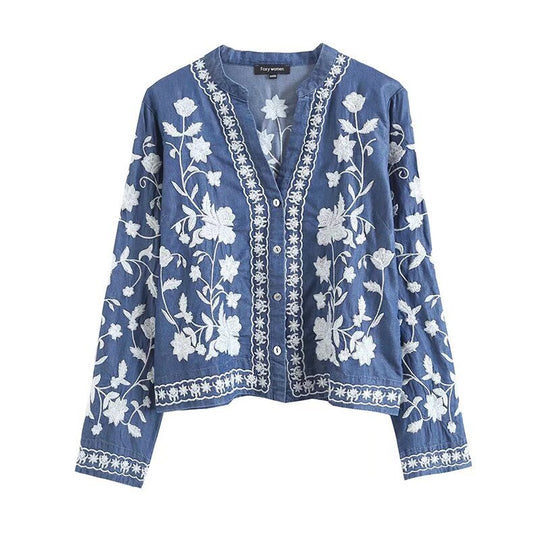 Damen bestickte Bluse im Vintage-Stil mit elegantem Kragen und Druckknopfverschluss R&B