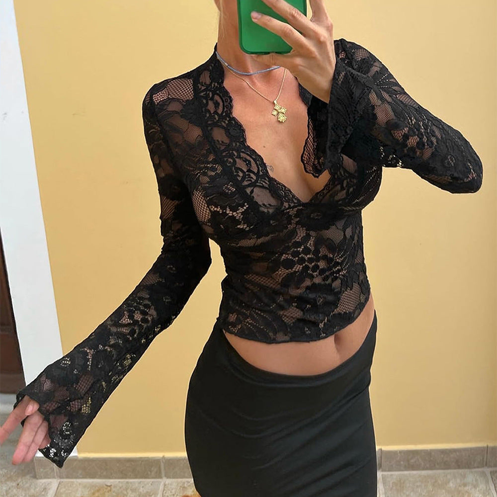Damen Wickeloberteil mit Spitze und weitem Ärmel R&B